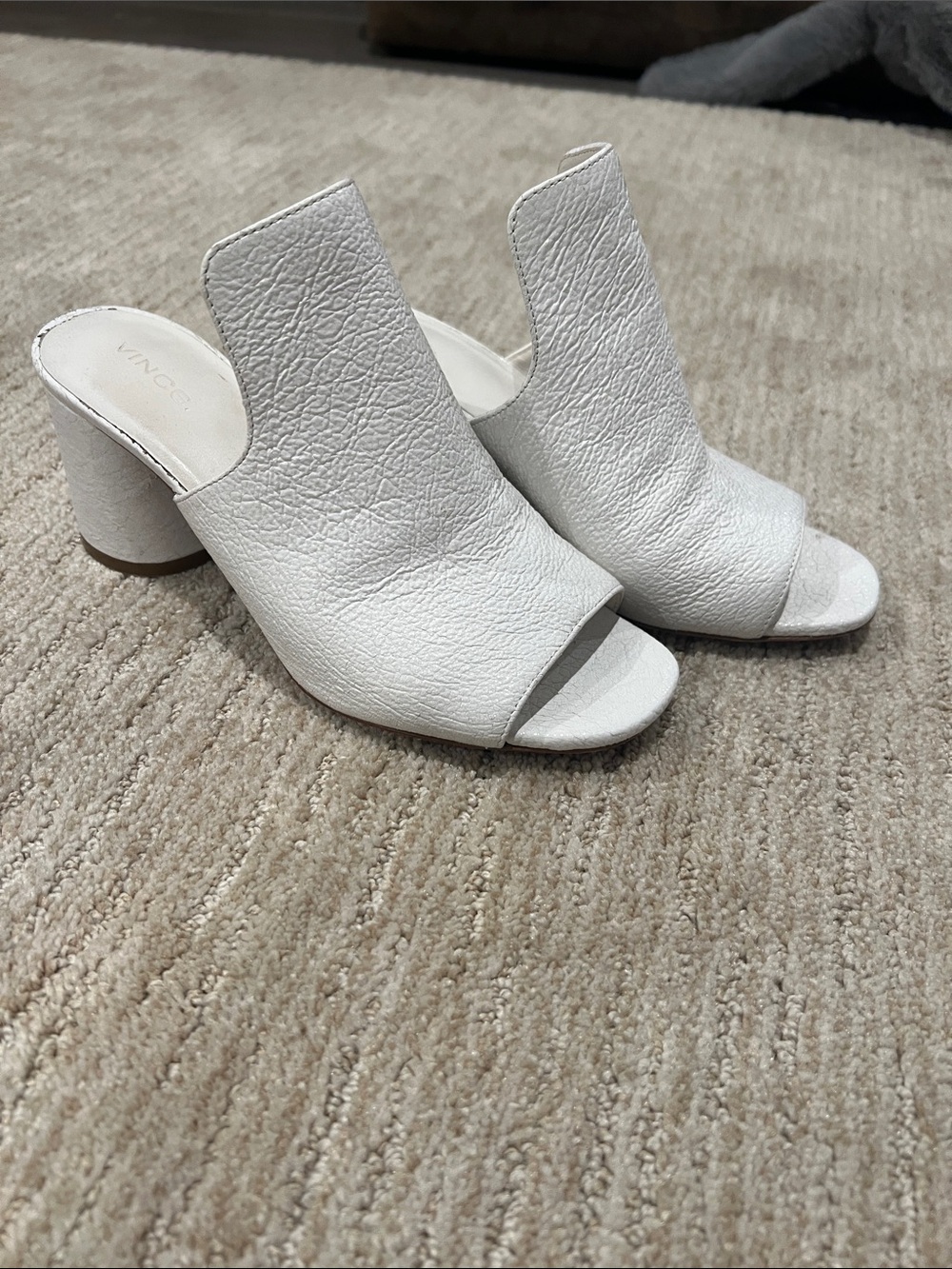 Vince White Leather Open-Peep Block Heel Mules